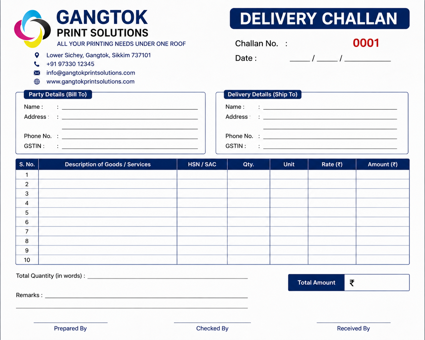 Delivery Challan Printing Services in Gangtok
